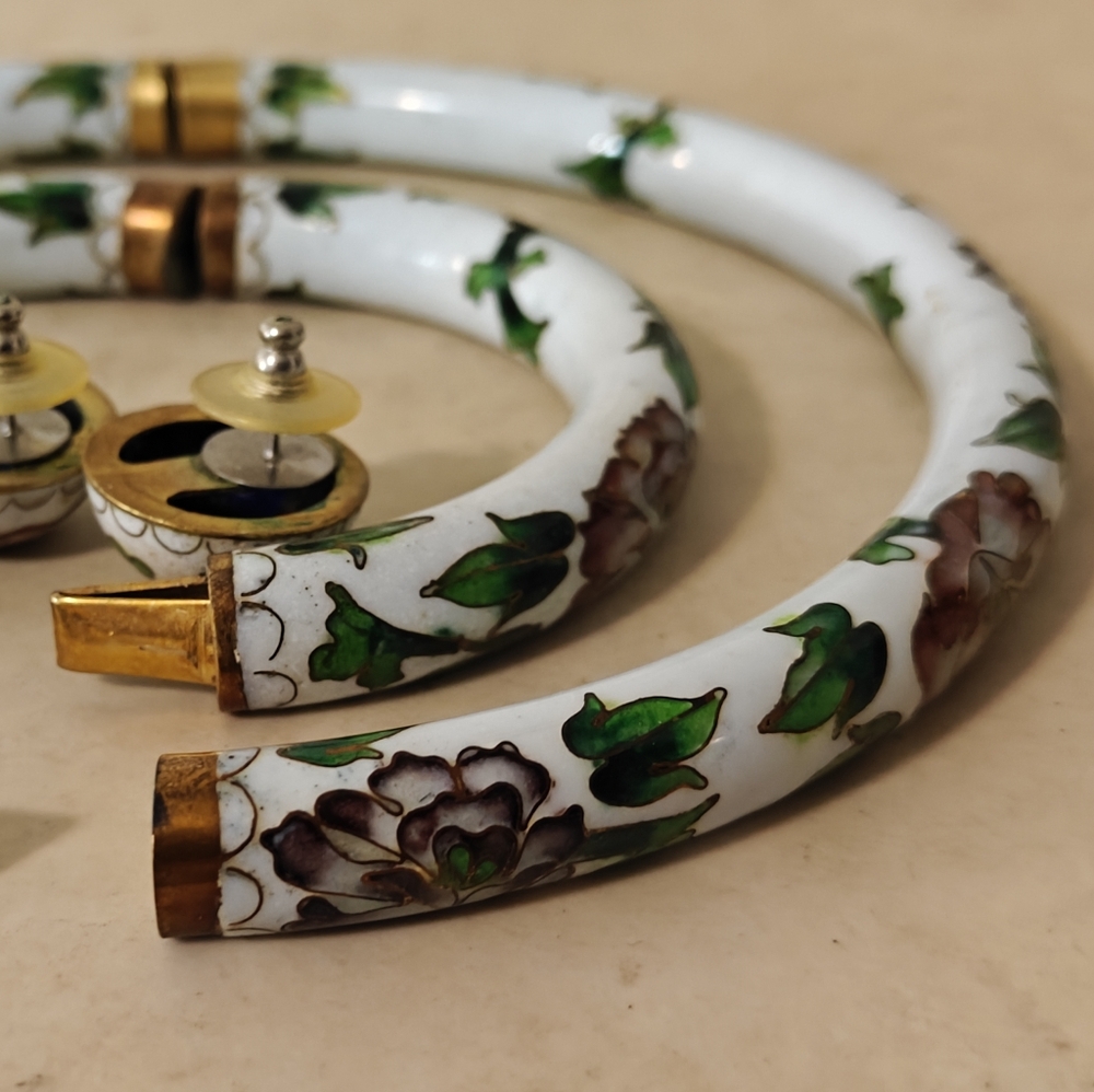 Rare Chinese Export Vintage 60s Cloisonne Hinged Pipe Jewelry Set - Picture 3 of 16
